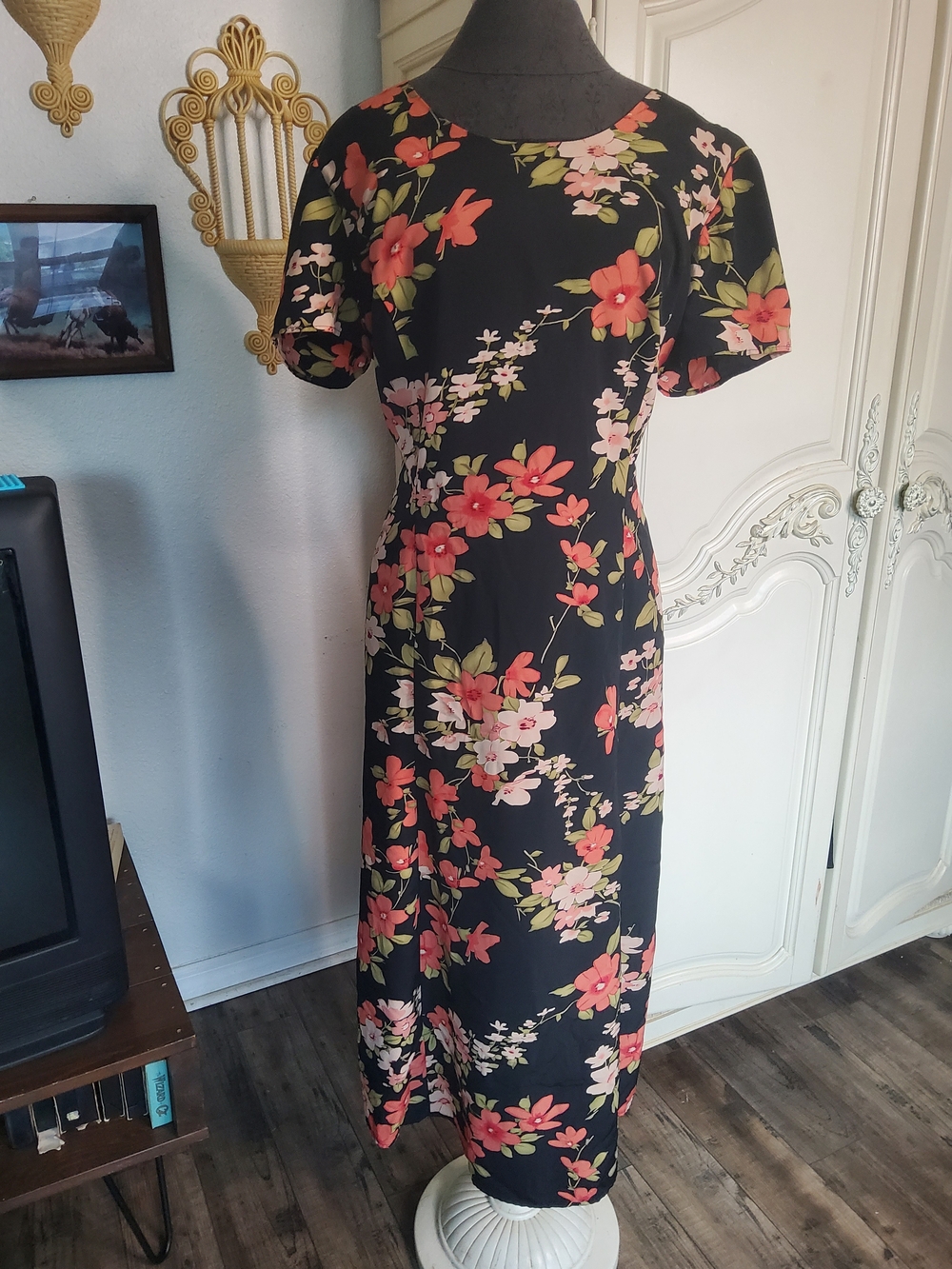 Vibtage 90s Floral Black Maxi Dress with Pink & Coral Blooms